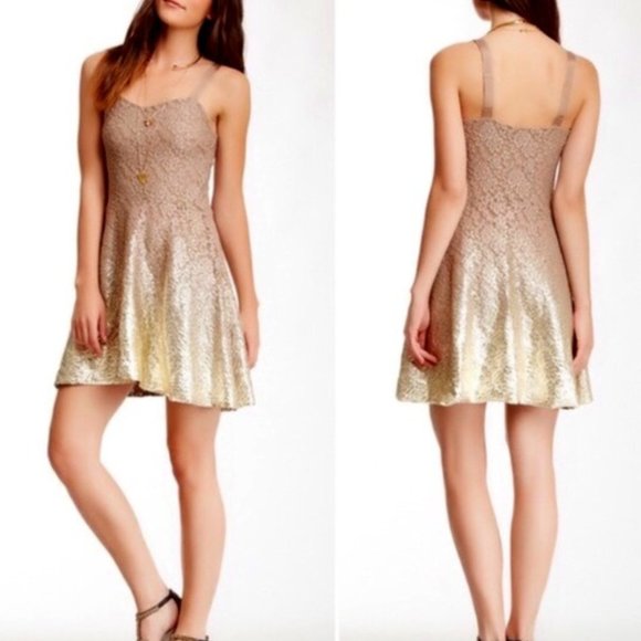 Free People Foil Ombre Lace Mini Dress In Gold Combo Size S EUC - Picture 1 of 12